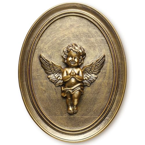 Newinhome Vintage Cherub Wall Sculpture Antique Wall Decor Hand Painted with Embossed Cherub Design, Oval Aesthetic Room Decor, Vintage Decoration for Living Room Hallway and Bedroom,Unique Gifts - color: Gold Cherub