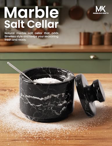 Marble Salt Cellar with Lid and Spoon 3" Black Zebra Flaky Salt, Seasoning Containers, Ideal Small Spices, Sugar Jars, kitchen accessories - color: Black