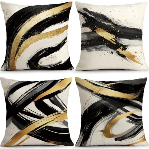 Black Gold Geometric Pillow Covers Set of 4, 18x18 Modern Luxury Decor | Faux Linen Black Gold Geometric Pillow Covers Add Modern Luxury Style to Sofa Living Room Bedroom Porch Patio - color: Geometry Gold Black White, size: 18" x 18" (Pack of 4)
