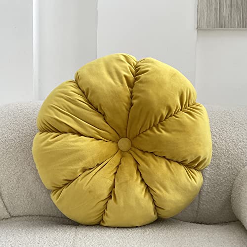 MOJUN Round Velvet Pillow Pumpkin Pleated Cushion Throw Pillow Home Decorative for Couch Chair Bed Car (Lemon Yellow, 17.7 inch) - color: Lemon Yellow