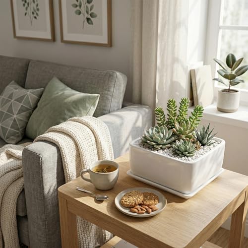 MyGift White Ceramic Square Planter Pot with Drainage Hole & Drip Tray | Suitable for Succulents, Cactus, Herbs, Bonsai, Houseplants & Floral Arrangements - color: White