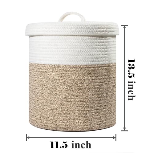 Yimi's Dream Lidded Storage Basket, Medium Brown & White Cotton Rope Basket | Small Round Woven Basket with Lid for Nursery, Baby Toy, Laundry, Yarn, Living Room, Blanket, Organization(11.5''D * 13.5''H) - color: 1 PACK-Brown&White-LIDDED