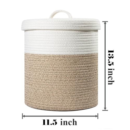 Yimi's Dream Lidded Storage Basket, Medium Brown & White Cotton Rope Basket | Small Round Woven Basket with Lid for Nursery, Baby Toy, Laundry, Yarn, Living Room, Blanket, Organization(11.5''D * 13.5''H) - color: 1 PACK-Brown&White-LIDDED