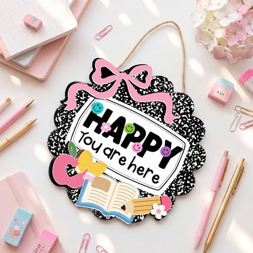 Kajaia Teacher Classroom Door Sign Back to School Notebook Composition Decor 13 in Wooden Smile Face Preppy Welcome Door Sign Happy You Are Here Teacher Gift for First Day of School Preschool Wall