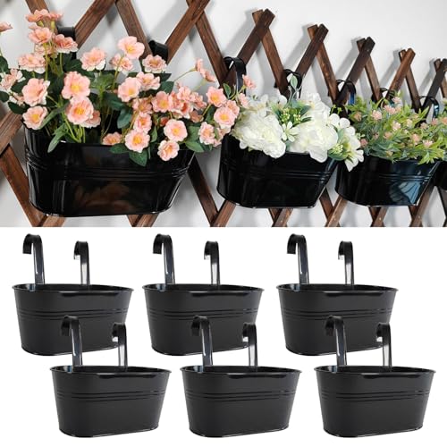 10" Metal Hanging Planter for Railing with Detachable Hooks, Black, 4 Pcs | Removable hook, Drainage hole, Rustproof, For flowers / herbs / succulents, veggies, For railings / fences / balconies - color: Black