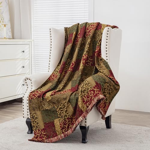 Loom and Mill Luxury Throw Blanket for Couch Sofa 52x72 Inches, Red&Gold | Classic Patchwork Jacquard Bed Throws Soft and Cozy Velvet Fall Blankets with Fringes Trim for Couch Recliner Home Decor - color: Red&gold