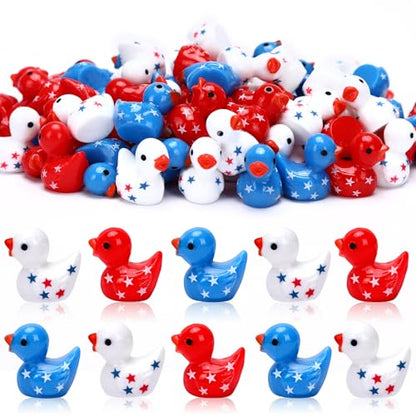 JUNEBRUSHS 50 Pcs Patriotic Ducks Mini Resin Duck 4th of July Tiny Ducks Red White Blue Miniature Ornaments for Vase Filler Jewelry Making DIY Crafts Party Gifts Decorations - style: Independence Style