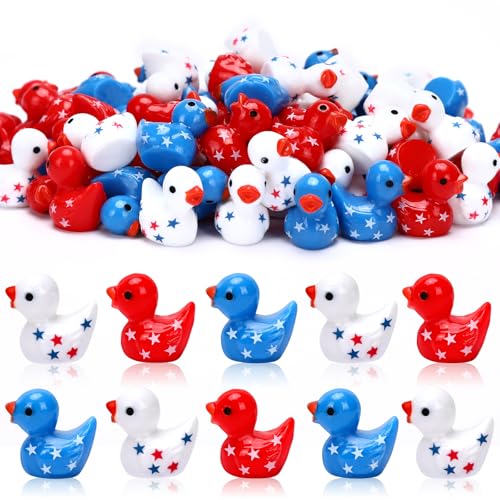 JUNEBRUSHS 50 Pcs Patriotic Ducks Mini Resin Duck 4th of July Tiny Ducks Red White Blue Miniature Ornaments for Vase Filler Jewelry Making DIY Crafts Party Gifts Decorations - style: Independence Style