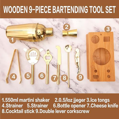 JNWINOG 9Pcs-Cocktail Shaker Set Bartending Kit Cocktail Bar Set Cocktail Mix Drink Making Kit Professional Bar and Home Drink Bar Tools for Bartender (Gold, 9Pcs) - color: Gold, size: 9Pcs