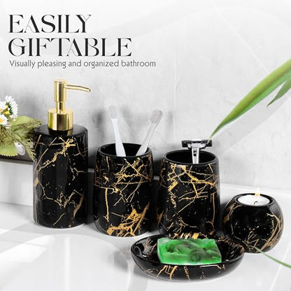 Ceramic Bathroom Accessory Set, 5-Piece Bathroom Accessory Set, Soap Dish, Toothbrush Holder, Soap Dispenser, Bathroom Tumbler & Candle Holder - Modern Bathroom Organizer, (Black & Gold) - color: Black and Gold