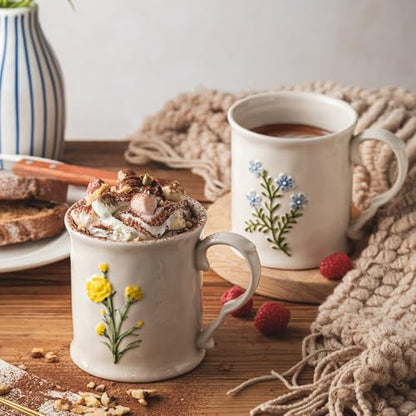 2 Pack Floral Ceramic Coffee Mugs - Yellow and Blue Flowers, Hand-Painted, Microwave & Dishwasher Safe, Ideal for Cappuccino, Tea, Hot Chocolate - color: Two-piece set