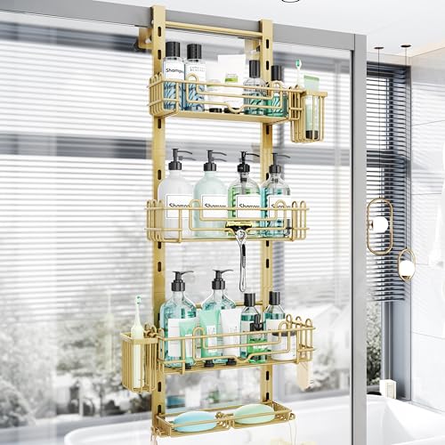 HapiRm Hanging Shower Caddy Organizer - Shower Shelf with 22 Hooks and 2 Toothbrush Holders, No Drilling Adjustable Hanging Bathroom Organizer - Gold - color: Gold, size: 4-tier