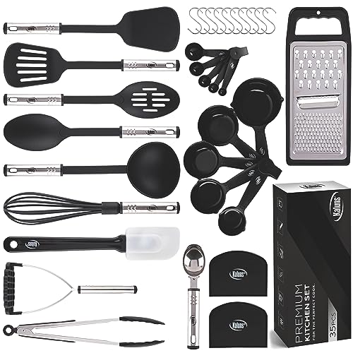 Kitchen Utensils Set 35 PCS Cooking Utensils Set, Nonstick and Heat Resistant Nylon Stainless Steel Silicone Spatula Set - Kitchen Gadgets Home Essentials Kitchen Accessories, Apartment Must Haves - color: Black