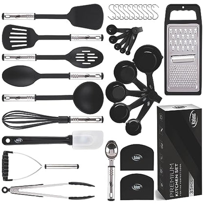 Kitchen Utensils Set 35 PCS Cooking Utensils Set, Nonstick and Heat Resistant Nylon Stainless Steel Silicone Spatula Set - Kitchen Gadgets Home Essentials Kitchen Accessories, Apartment Must Haves - color: Black