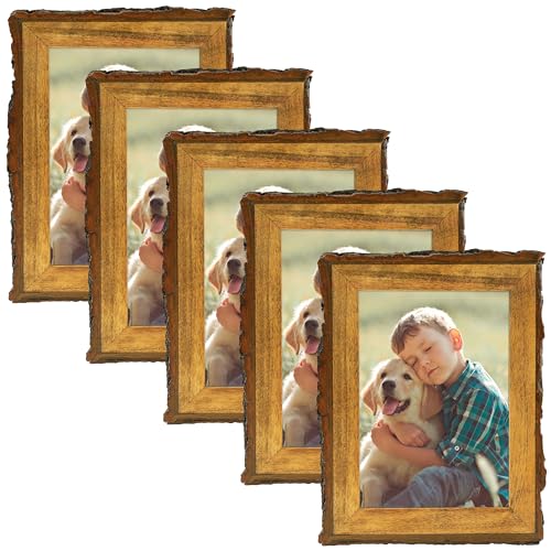 Golden State Art 5x7 Picture Frame Rustic Brown,Solid Wood&Bark Edge&Glass | 5x7 Picture Frame with Real Glass Cover, Display Posters/Photos/Prints for Wall Mounting, Farmhouse Decor, 5 Pack - color: 5 Pack, size: 5x7