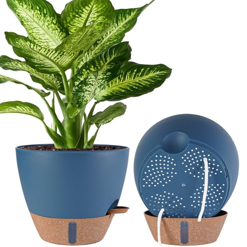 2 Pack 10 inch Plant Pots, Plastic Self Watering Planters | Drainage Holes, Water Level Indicator, Modern Decorative Flower Pots for Indoor Outdoor Plants, Navy Blue - color: Navy Blue, size: 10 inches