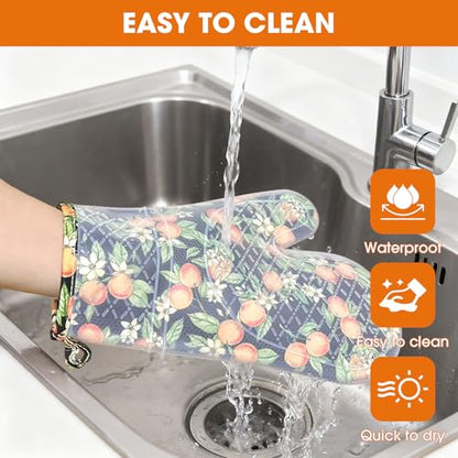 Silicone Oven Mitts Set Heat Resistant 2PCS Kitchen Mittens with Soft Cotton Lining Long Waterproof Non-Slip Oven Gloves for Cooking, BBQ, Baking-Orange - color: Orange
