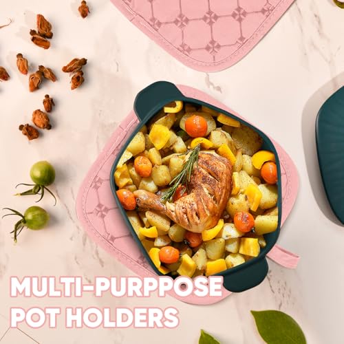 Oven Mitts Kitchen Towels Dishcloths with Pot Holders Sets 12PCS, Dish Towels Sets, Oven Gloves Pot Pads Heat Resistant 500 Degrees with Non-Slip Silicone Surface for Cooking Baking Grilling-Pink - color: Pink