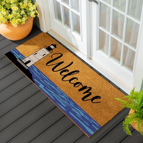 Evergreen Nature Coir Doormat, 2'x5' Large Welcome Mats for Double Doors, Outdoor Indoor Entrance Rug, Non-Slip Front Door Mat for Beach House Home Porch Patio (Welcome Lighthouse, 60"x24") - color: Welcome Lighthouse, size: 2' x 5' (Rectangular)