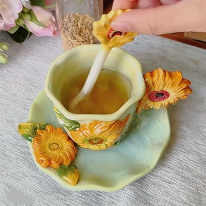 Ceramic Sunflower Coffee Mug and Saucer set with Spoon,3D Handmade and Hand-painted Tea Mug, 6OZ