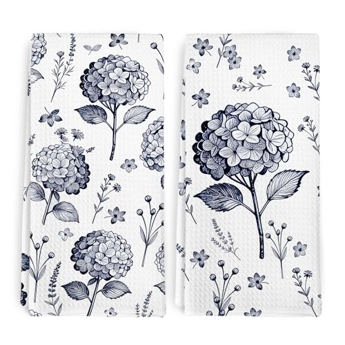 Blue Hydrangea Floral Kitchen Towels and Dish Towel Set of 2, Blue and White Flowers Hand Towels, Farmhouse Hydrangea Flower Hand Dish Tea Towel for Bathroom Kitchen Decor, 16x24 Inch - color: Blue Hydrangea