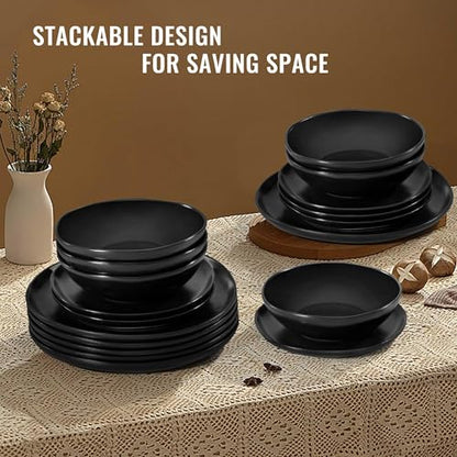 Herogo 12Pcs Plates and Bowls Set for 4, Irregular Handmade Stoneware Dinnerware, Crack and Scratch Resistant, Microwave & Dishwasher Safe, Reactive Glaze, Artistic Rustic Tableware, Matte Black - color: Matte Black, size: 4 Set (12pcs)