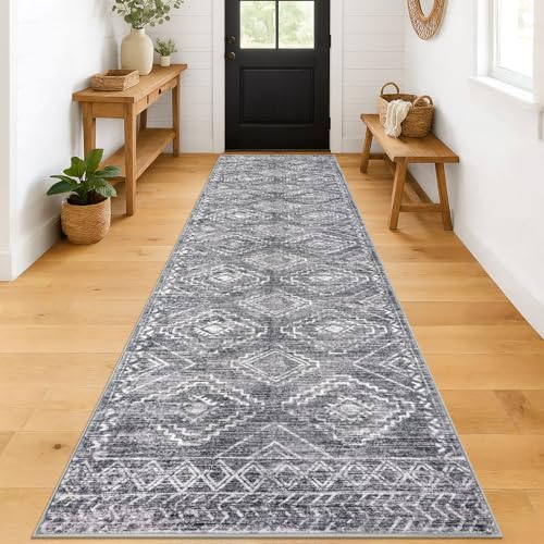KILOCOCO Hallway Runner 3x12 ft Washable Runner Rug Non Slip, Grey | Low-Pile Runners for Hallway, Rubber Backed Runner Rug, Printed Kitchen Runner Rug, Soft Geometric Rugs for Hall Living Room - color: Grey, size: 3' x 12' (Runner)