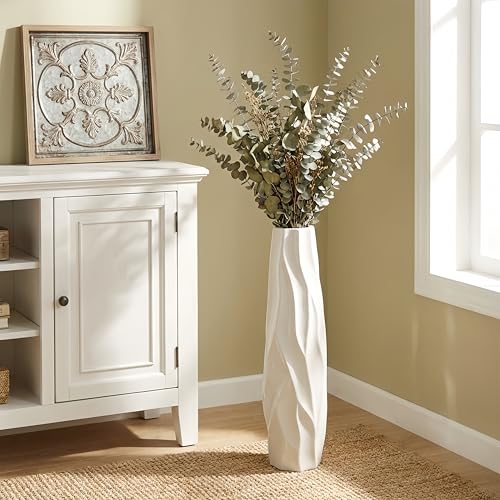 White Tall Ceramic Floor Vase, 24 Inch, Pleated Wave Design | Glossy Glazed Finish, Living Room, Fireplace, Entryway, Pampas Grass - color: Shape 1, size: 24 Inch