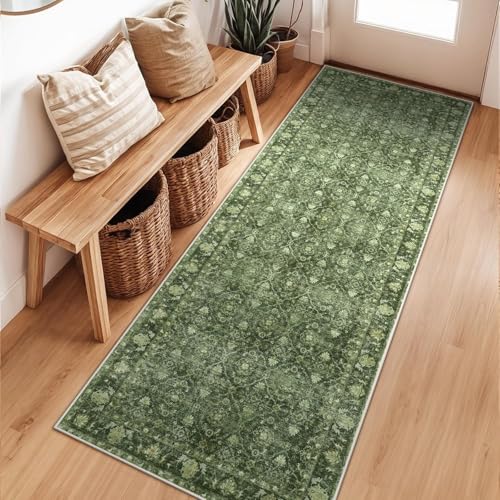 Hedlive Vintage Green Washable 2x6 Runners for Hallways, Boho Kitchen Runner Rug Non Skid, Soft Low Pile Floor Carpet for Entry Bathroom Bedside High Traffic Area (2'x6', Green) - color: Green, size: 2' x 6' (Runner)