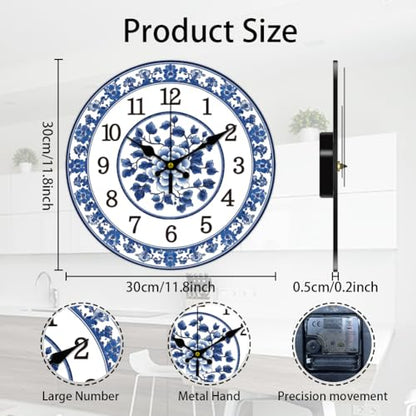 CHGCRAFT 12inch Blue and White Porcelain Pattern Wall Clock Battery Operated Silent Non Ticking Flowers Round Decorative Clock for Office Home Kitchen Decor