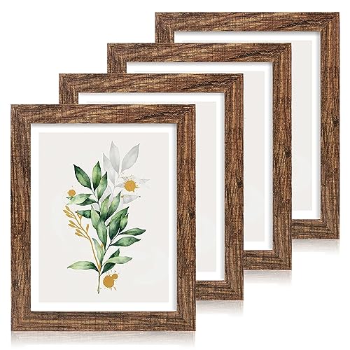 Hongkee 11x14 Picture Frame Set of 4, Made of Glass and Rustic Brown Wooden Frame, Display 8x10 Pictures with Mat or 11 x 14 Posters without Mat for Wall Mounting, Gallery Photo Frames - color: Rustic Brown, size: 11x14 in