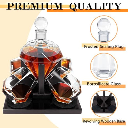 Diamond Whiskey Decanter Set, Diamond Decanter Set with 4 Glasses 4 Whiskey Stones, Decanter Whiskey Set Gifts for Men