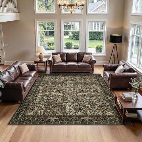 Vintage Floral 8x8 Area Rug: Soft Washable Brown Square Carpet Living Room | Oriental Home Decor - Non-slip Easy to Clean Stain Resistant - Low-Profile 0.2in Fit Under Furniture - Perfect for Open Space - color: Brown and Gold, size: 8' x 8' (Square)