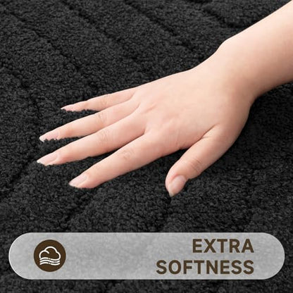 Pauwer Bathroom Rugs Sets 5 Piece, Absorbent Non Slip Bath Mat Set, Black | Machine Washable, Microfiber Plush, Quick Dry Runner, U Shaped Contour Toilet Rugs, Shower Mats and Toilet Lid Cover - color: Black
