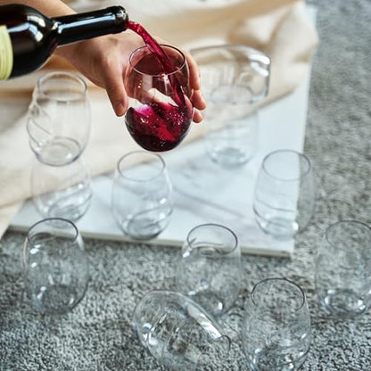 Unbreakable European Plastic Crystal, Stemless Wine Glasses | Set of 12, 13.5 OZ | Acrylic Tritan Set with 3-Finger Indentations - Clear Short Tumbler Set, BPA Free, Reusable, Naturally Aerates Wine - color: Clear, size: Set of 12