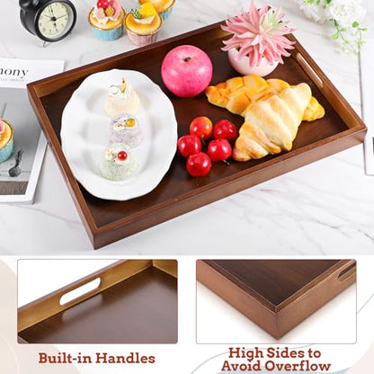 17.3 Inch Acacia Wood Serving Tray with Handles | Decorative Rectangular Tray Large Wooden Ottoman Tray for Breakfast in Bed Dinner Coffee Table Entryway Kitchen