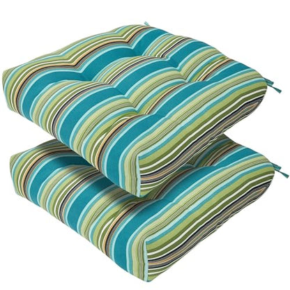 Magpie Fabrics Outdoor Tufted Seat Cushion 19"x19" Set of 2 (Green Striped) | Waterproof Patio Chair Pads with ties Tatami Floor Pillow for Room Garden Balcony Office - color: Green Striped