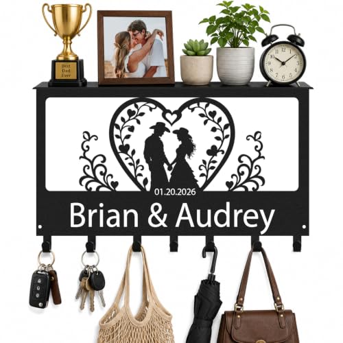 Custom Name Key Holder, Anniversary & Wedding Gift for Couple | Personalized Name Heart Wall Key Holder with Shelf for Entryway Bedroom, Birthday Housewarming Gift for Friends - color: Color 03