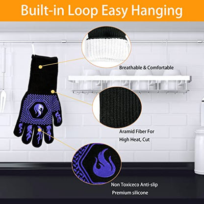 BBQ Gloves 1472F Heat Resistant Non-Slip Silicone 13.5in (Blue) | Grill Cut-Resistant, Oven Kitchen Safe for Barbecue, Cooking, Frying - color: Blue