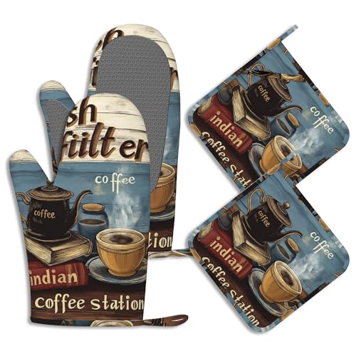 Rustic Coffee Pot Holders and Oven Mitts Set Silicone Vintage Book Coffee Kitchen Gloves Potholders Heat Resistant Washable,Chef Cooking Baking Gifts for Women Men Bakers Lover Cooks - color: Rustic Coffee,vintage Book Coffee
