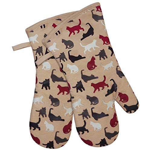 Oven Mitts 1 Pair, Non Slip Clear Silicone Printed Rooster Kitchen Gloves | Heat Resistant 480 ℉ Comfortable Cotton Lining Kitchen Men Cooking Barbecue Machine Washable (Cat, Khaki Mittens) - color: Cat, Khaki Mittens