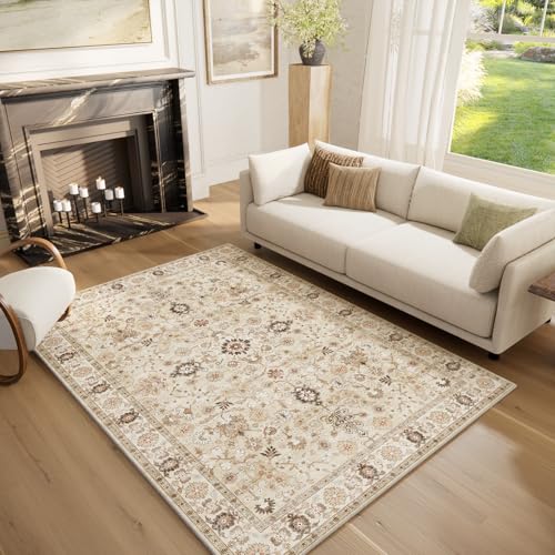 Machine Washable Rugs for Living Room: 5x7 Area Rugs for Bedroom | Ultra Soft,Non-Slip,Low Pile,Vintage Distress,Boho,Large,Carpet,High-Traffic,Dining Room,Nursery,Farmhouse Decor - color: Brown/Yellow/Multi, size: 5' x 7' (Rectangular)
