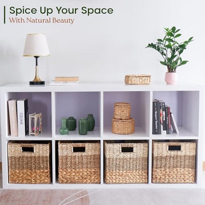 12x12 Baskets for Cube Storage, Wicker Cube Storage Bins Set 4 | 12x12x12 Storage Bins, Foldable Square Baskets For Cube Shelves, Kallax Woven Bins, Versatile Storage, Natural Water Hyacinth - size: 11.8 x 11.8 in