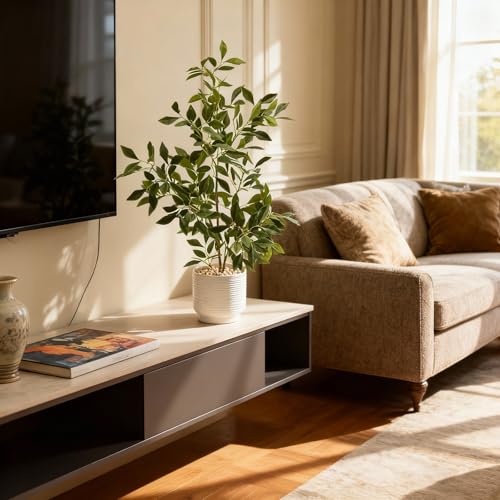 Artificial Potted Plants Indoor,27" Faux Plants Ficus Leaves Trees with Ceramic Pots,Realistic Fake Plant Indoor Potted for Living Room Office Farmhouse Room Bathroom Bedroom Kitchen Plant Decor