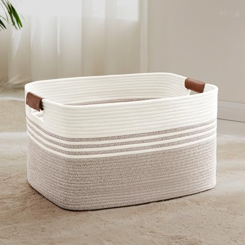 72L Large Woven Laundry Basket Hamper with Leather Handles,Brown | 22"x17"x12", collapsible wicker hamper, storage for dirty clothes, toys, blankets, gifts, living room, bedroom, bathroom - color: Brown, size: 72L