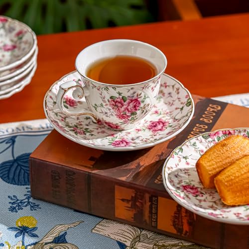Agyiuns tea cups and saucers ceramic coffee mug 6oz for Coffee, Latte, Cafe Mocha (Big flowers-Set of 4) - color: Big flowers-Set of 4