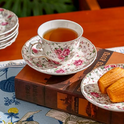 Agyiuns tea cups and saucers ceramic coffee mug 6oz for Coffee, Latte, Cafe Mocha (Big flowers-Set of 4) - color: Big flowers-Set of 4