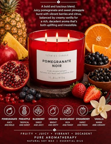Pomegranate Noir Scented Soy Candle - Large 3-Wick Candle for Home 15.8 oz | Fruity Scented Candle, Pomegranate With Pineapple, Black Currant And Vanilla Notes, Red Scented Candle For Home, Gift Ready