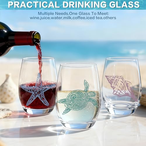 4 PCS Ocean Stemless Wine Glasses-17 Oz Coastal Glassware Gifts for Beach Lovers-Sea Turtle,Seashell,Starfish,Conch Wine Cups Set for Women Men,Dishwasher Safe,Birthday,Fathers Day,Easter