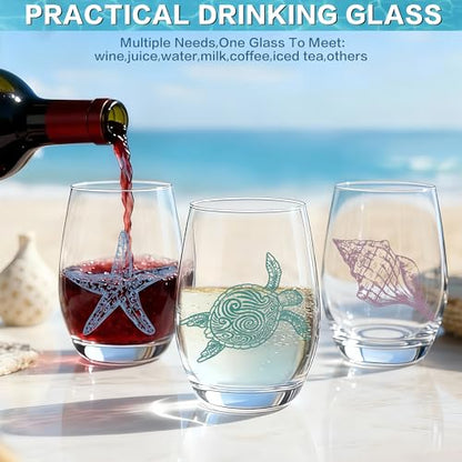 4 PCS Ocean Stemless Wine Glasses-17 Oz Coastal Glassware Gifts for Beach Lovers-Sea Turtle,Seashell,Starfish,Conch Wine Cups Set for Women Men,Dishwasher Safe,Birthday,Fathers Day,Easter